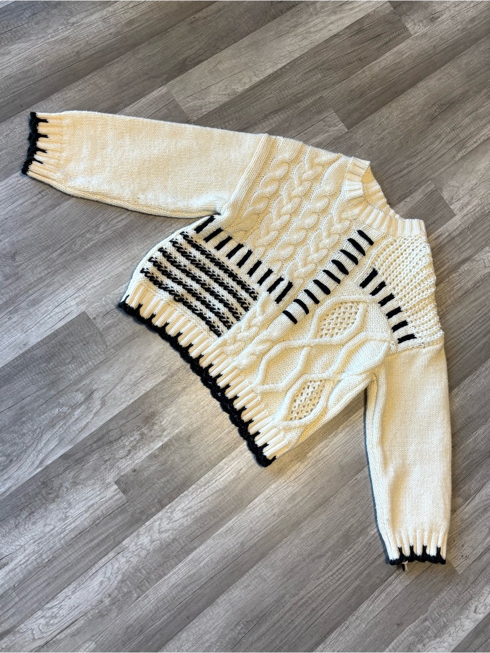 Gray Bandit Cream Patchwork Cable Knit Sweater